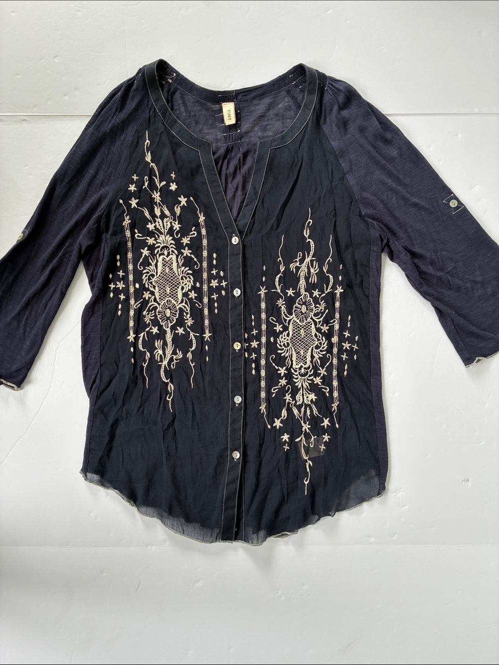 Anthropologie Tiny Dark Navy Blue Blouse Cream Embroidery Small 100% Viscose